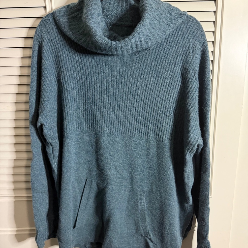 Max Studio 100% Cashmere Cowl Neck Ribbed Sweater Teal Blue XL Pocket Pullover